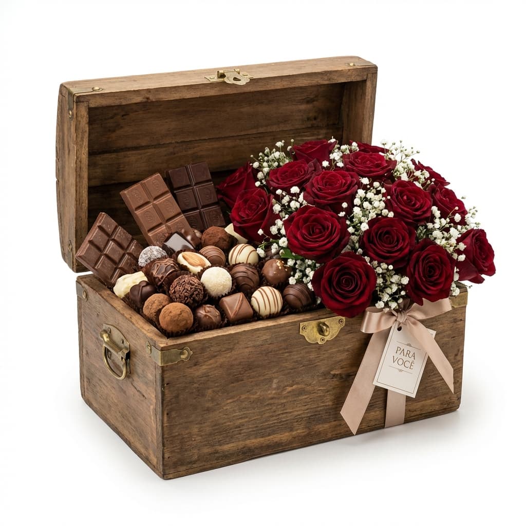 Baú de Chocolates e Flores