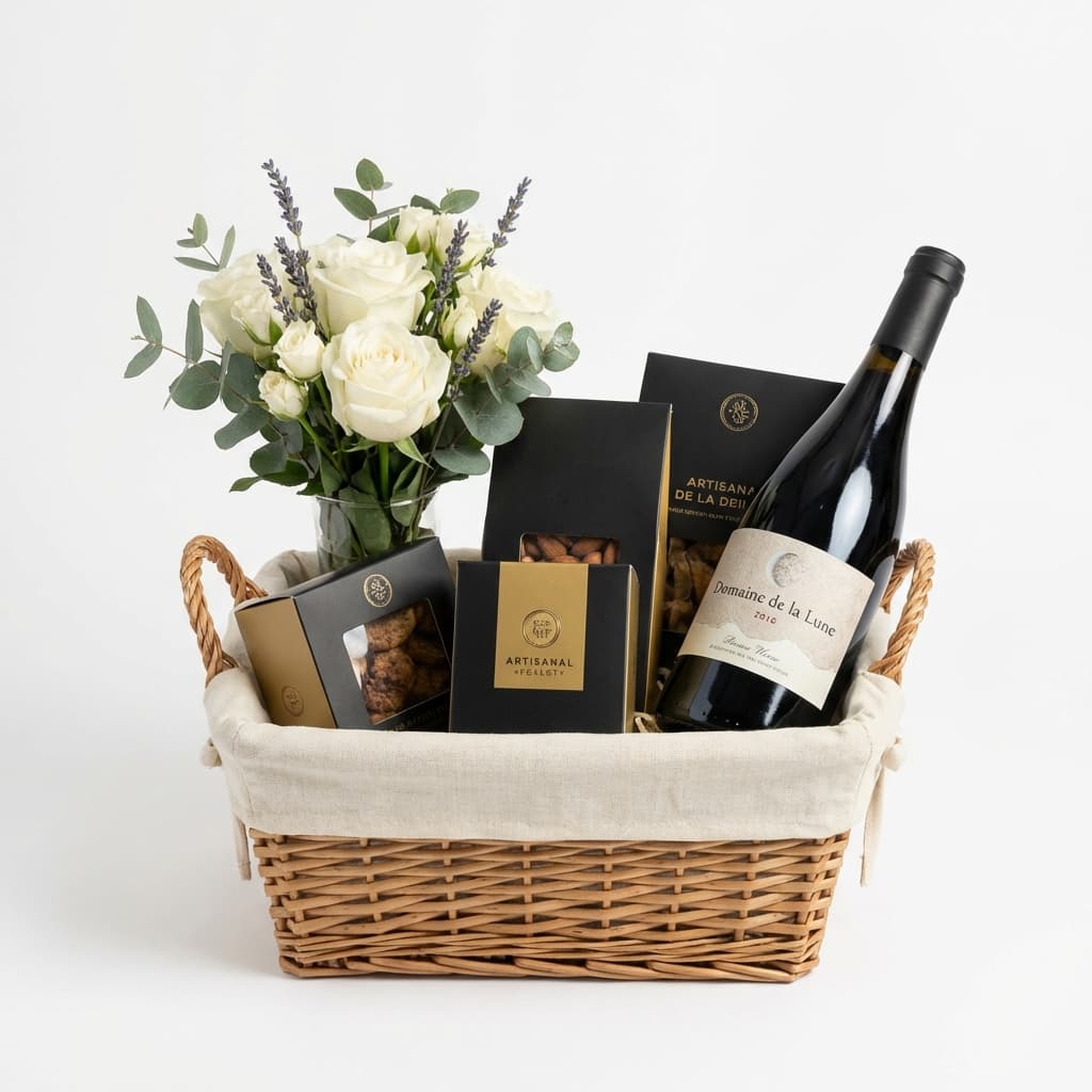 Cesta de Flores com Vinho